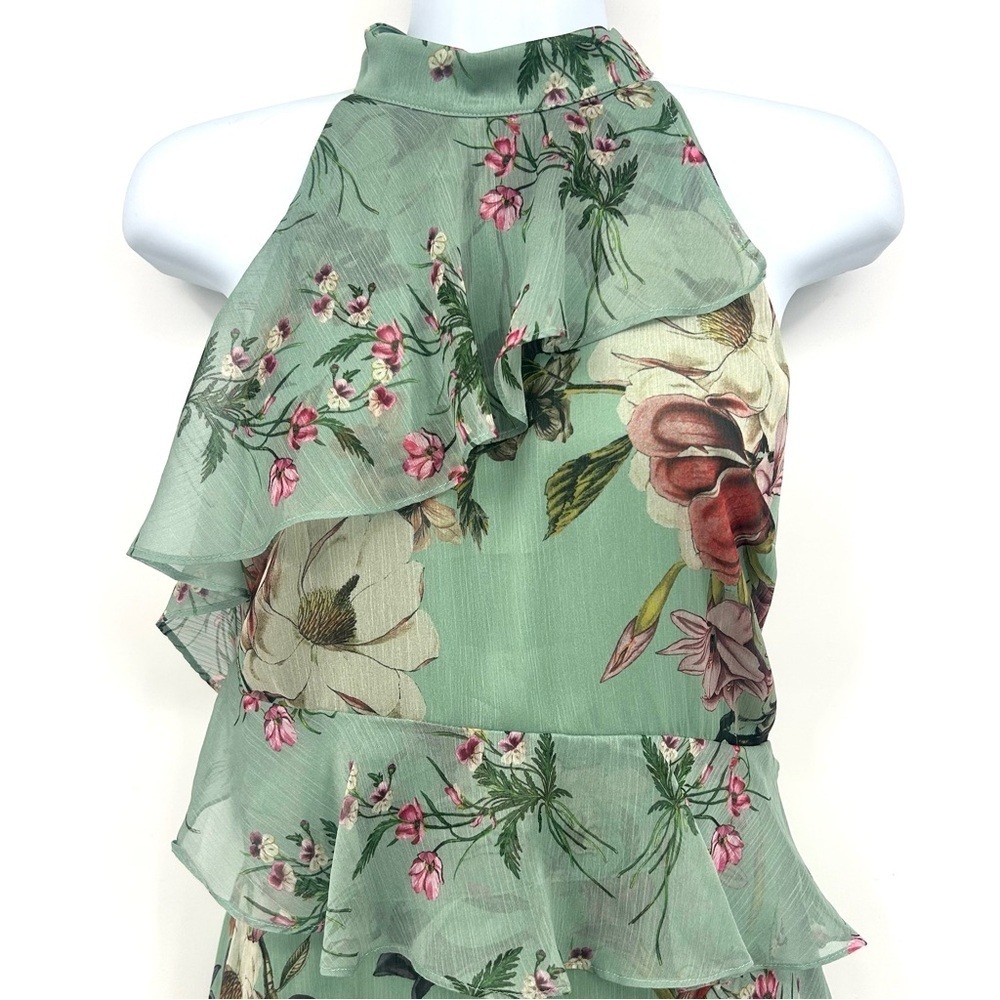 BEBE Size 6 Light Green Fully Lined Tiered Ruffled Floral Dress EUC - Picture 2 of 11